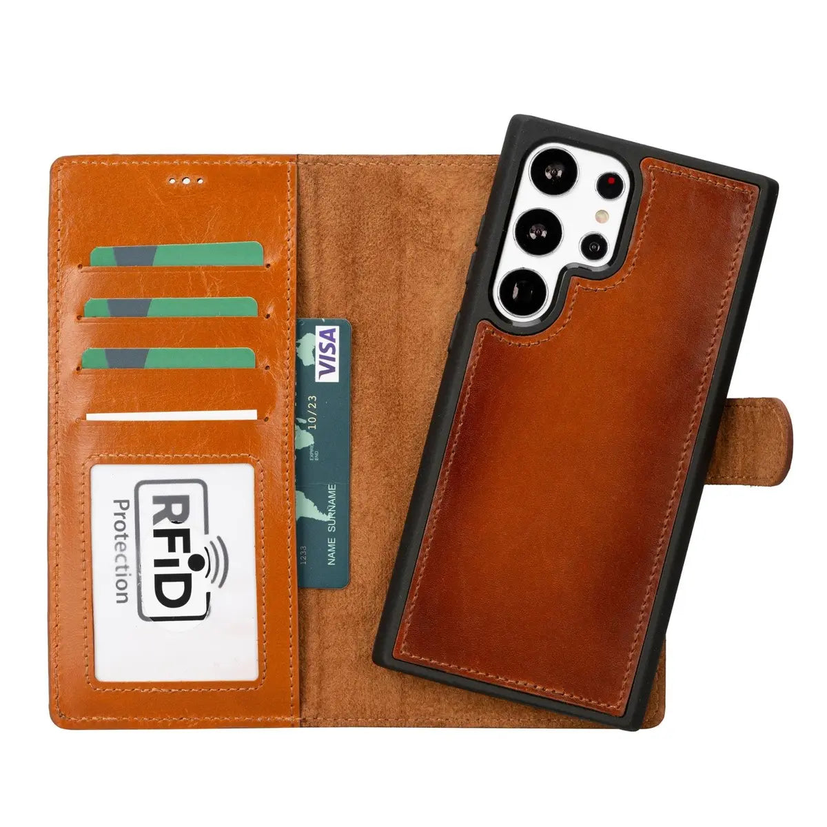 Tan detachable leather wallet case for Samsung Galaxy S23 Ultra
