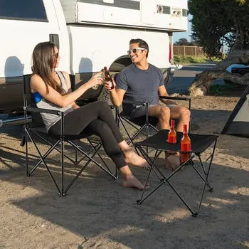 Portable outdoor chair and table set folded for transport