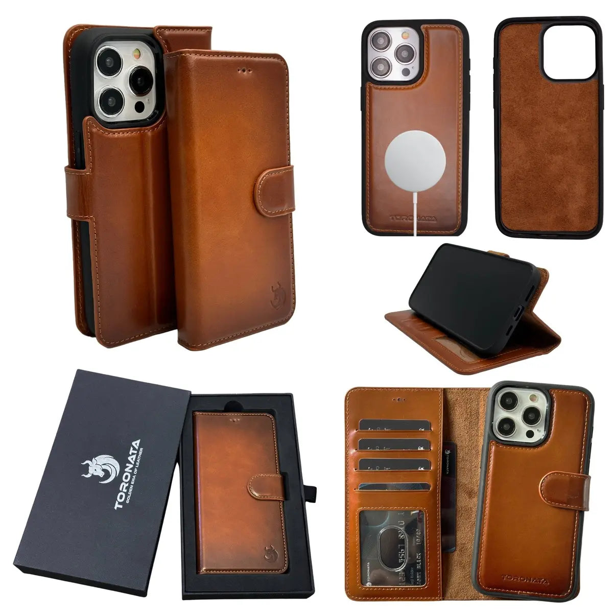 Tan leather detachable wallet case for standard iPhone 15