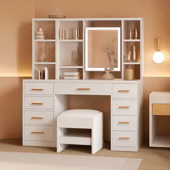 White vanity desk with integrated illuminated mirror