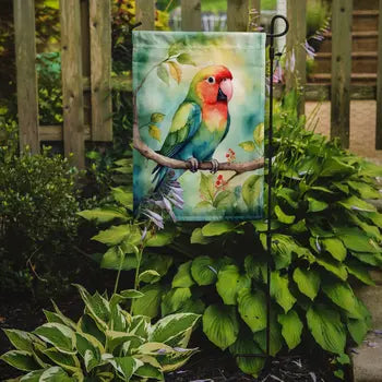 Lovebird garden flag displayed on a stand