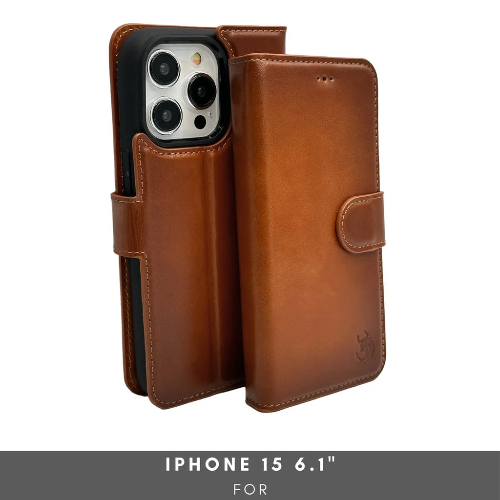 iPhone 15 fitted in tan full-grain leather wallet case