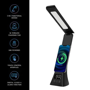 Desk lamp controls and wireless charging features