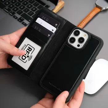 Black leather iPhone 16 Pro Max wallet case