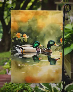 Close view of mallard artwork on garden flag