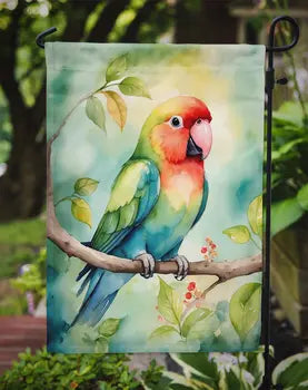 Close view of lovebird garden flag artwork