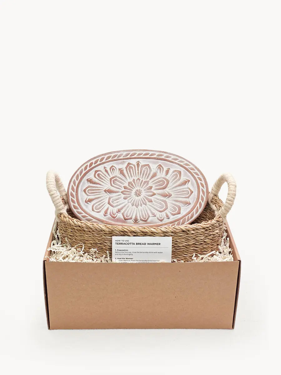 Flower terracotta bread warmer and oval handwoven basket