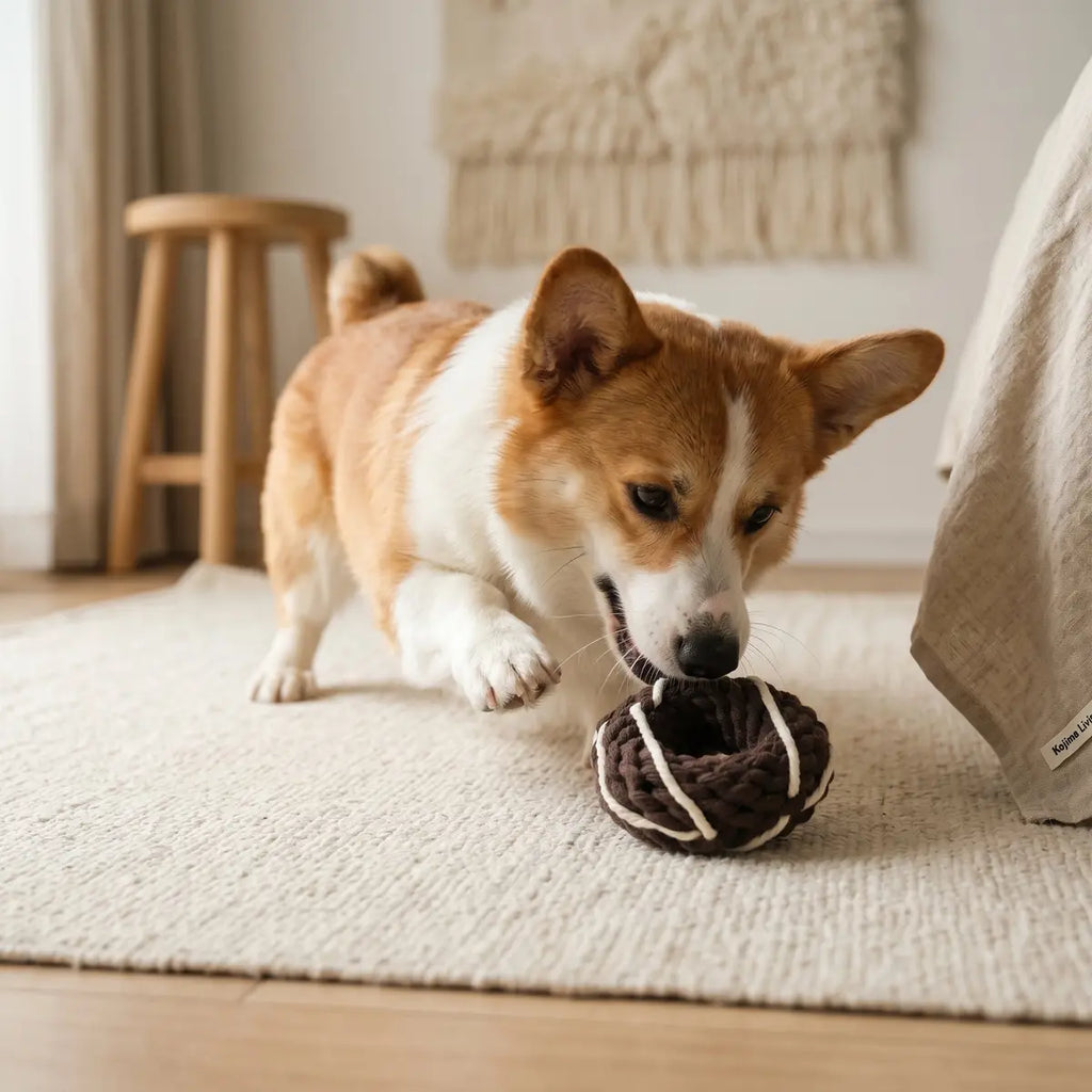 Small dog playing with a dark brown rope donut toy