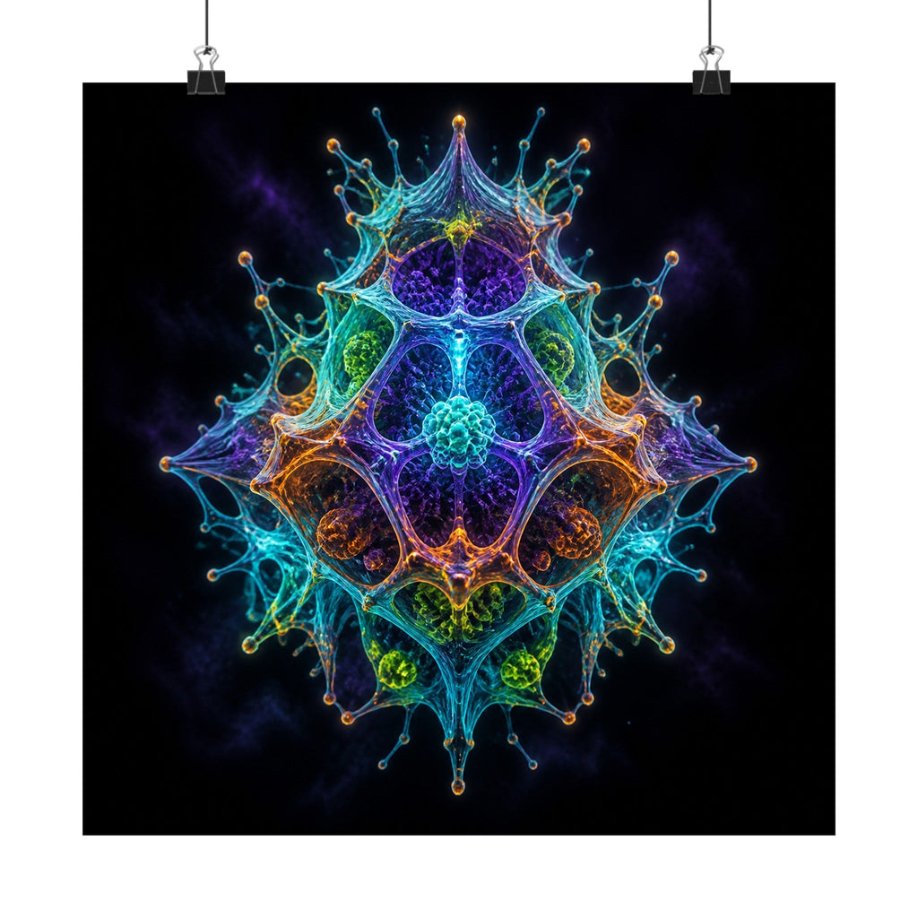 Molecular Mirage satin art print displayed with black binder clips