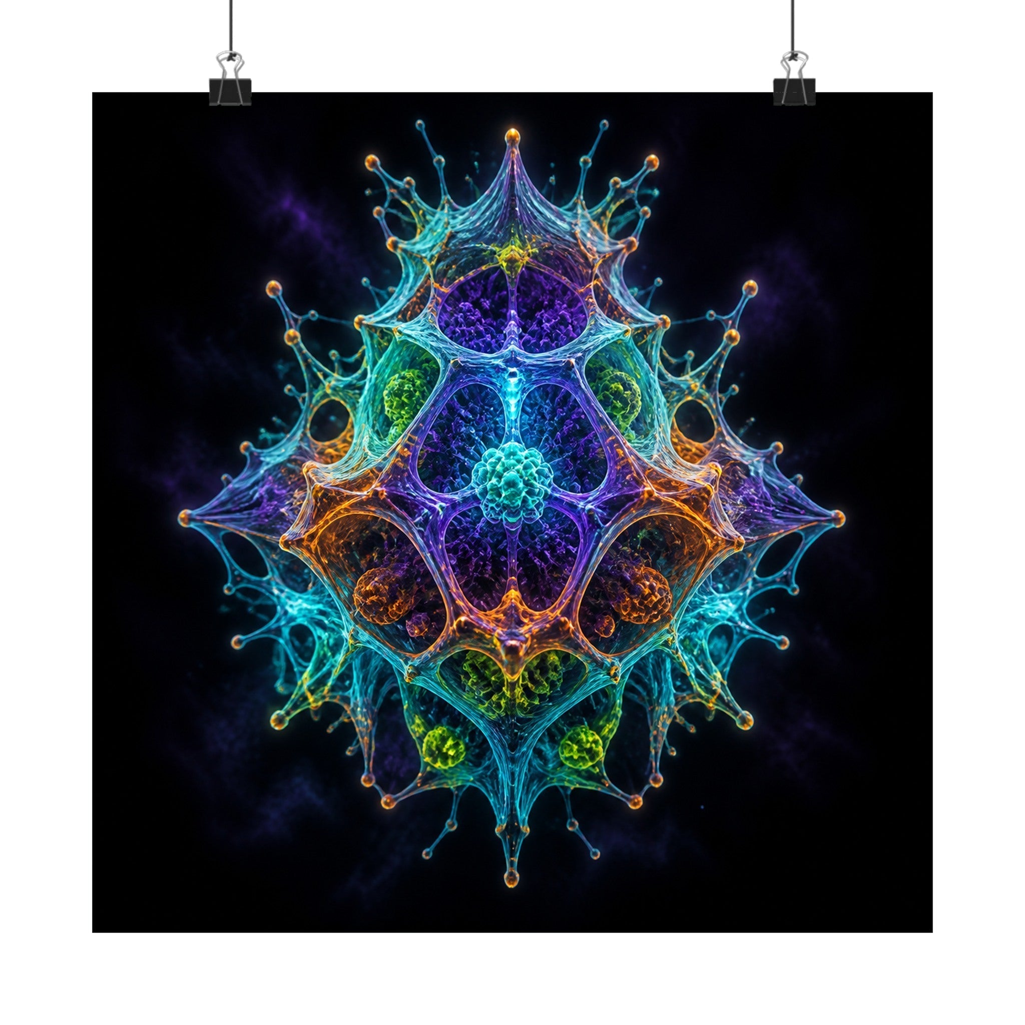 Molecular Mirage satin art print displayed with black binder clips