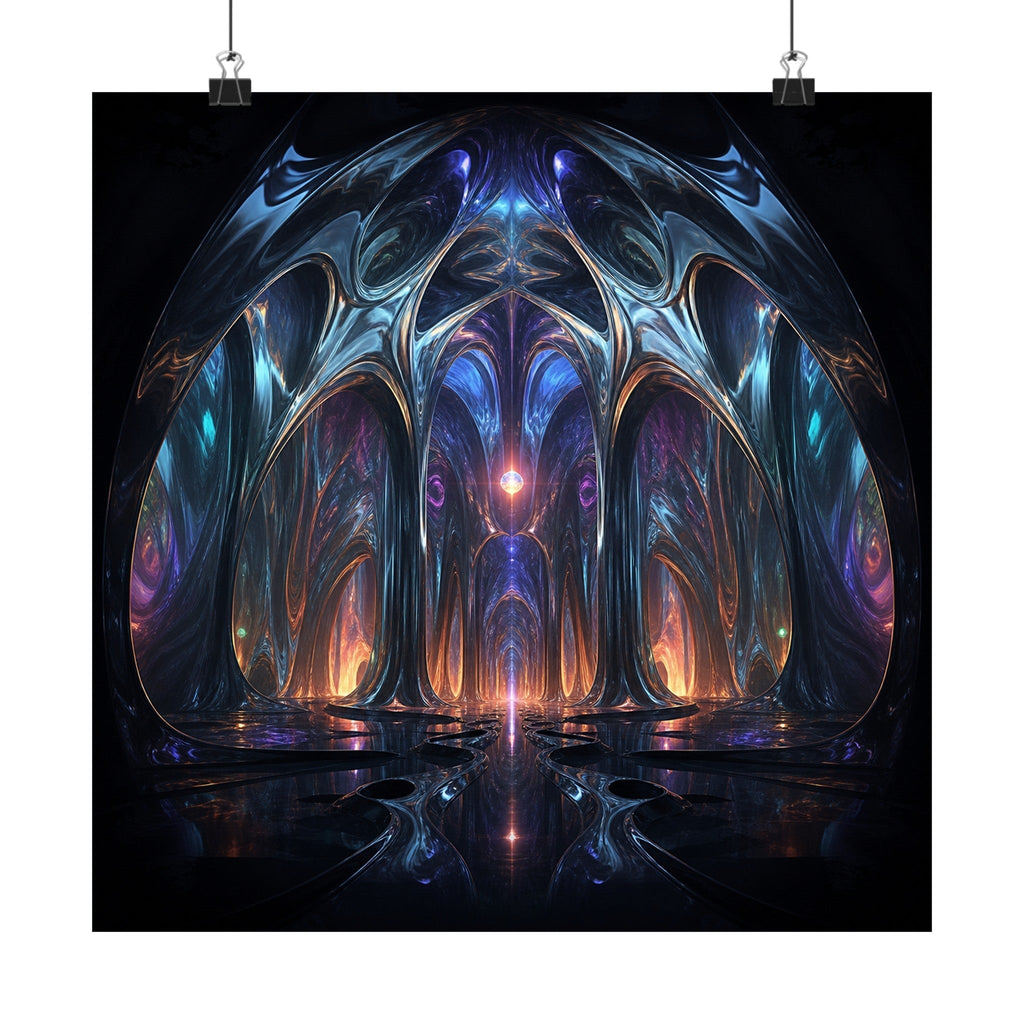 Molten Cathedral satin art print displayed with black binder clips