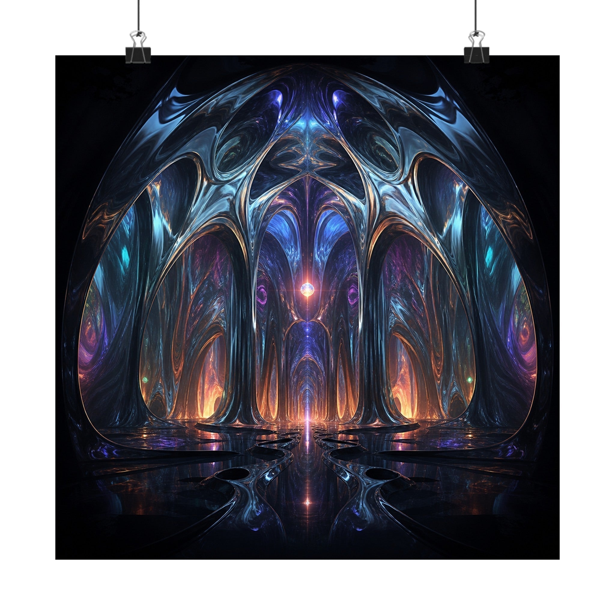 Molten Cathedral satin art print displayed with black binder clips