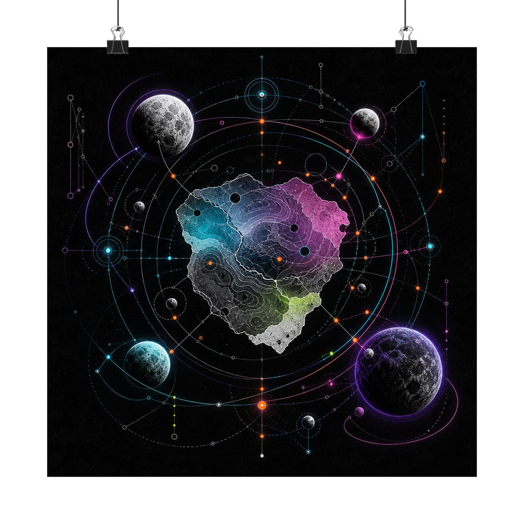 Orbiting Atlas satin art print displayed with black binder clips