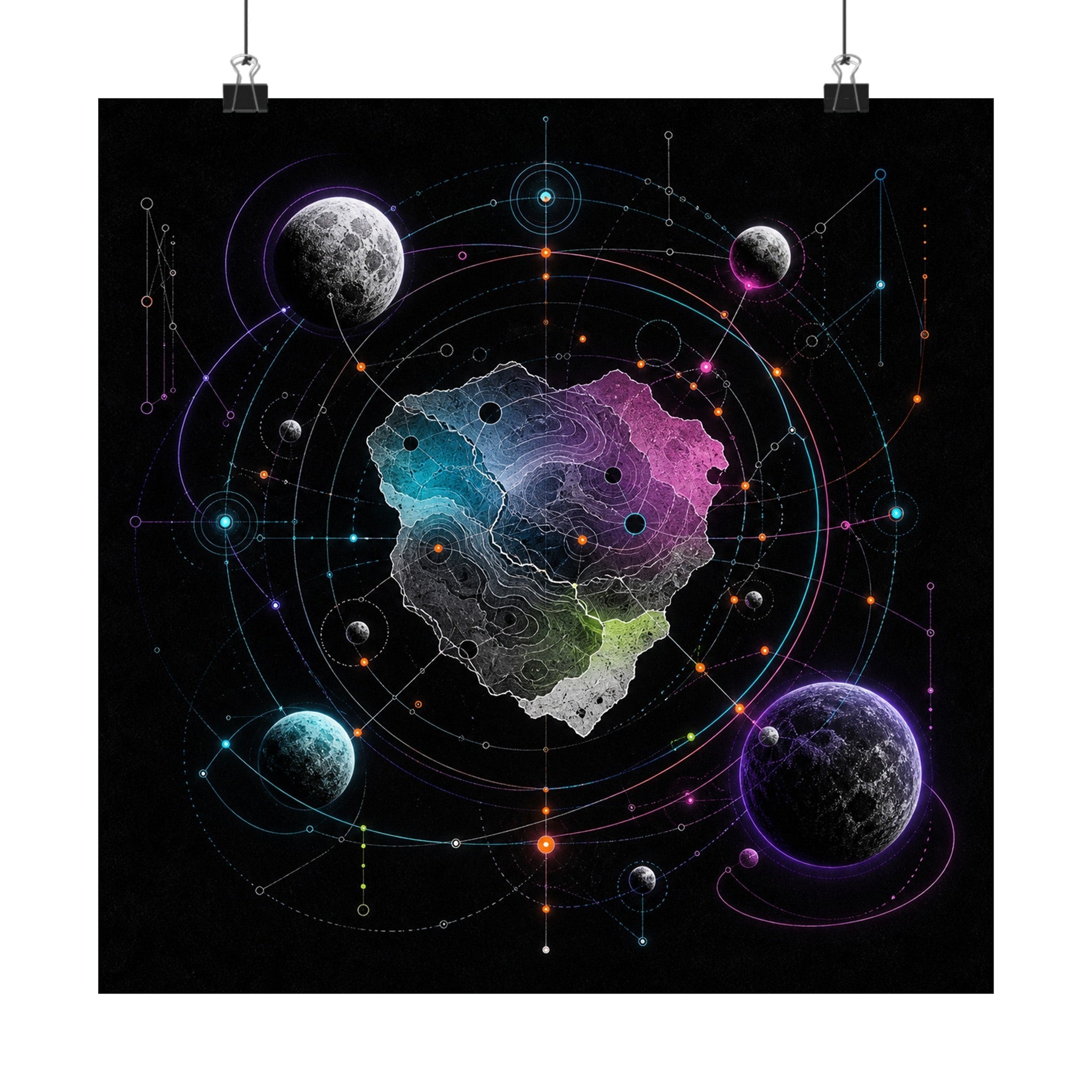 Orbiting Atlas satin art print displayed with black binder clips