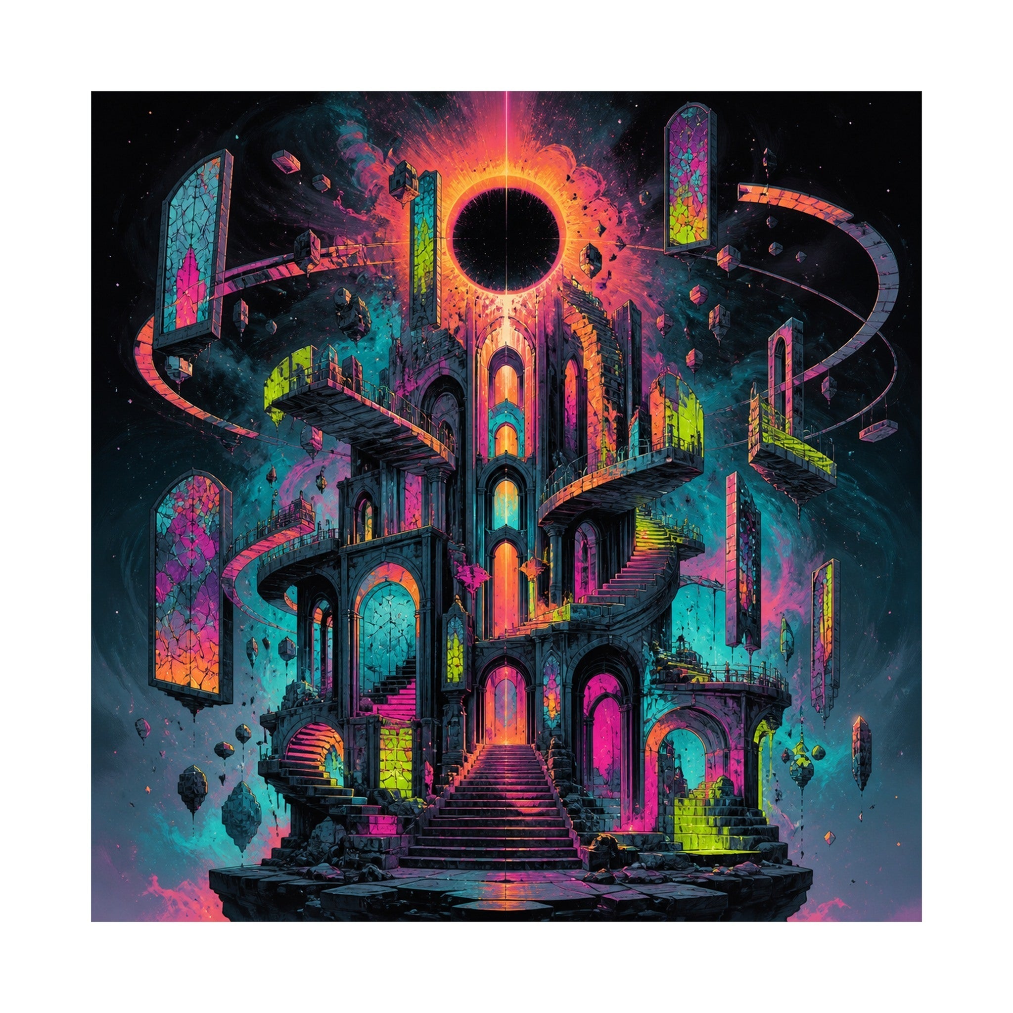 Orbiting Cathedral original psychedelic art print on a clean white background