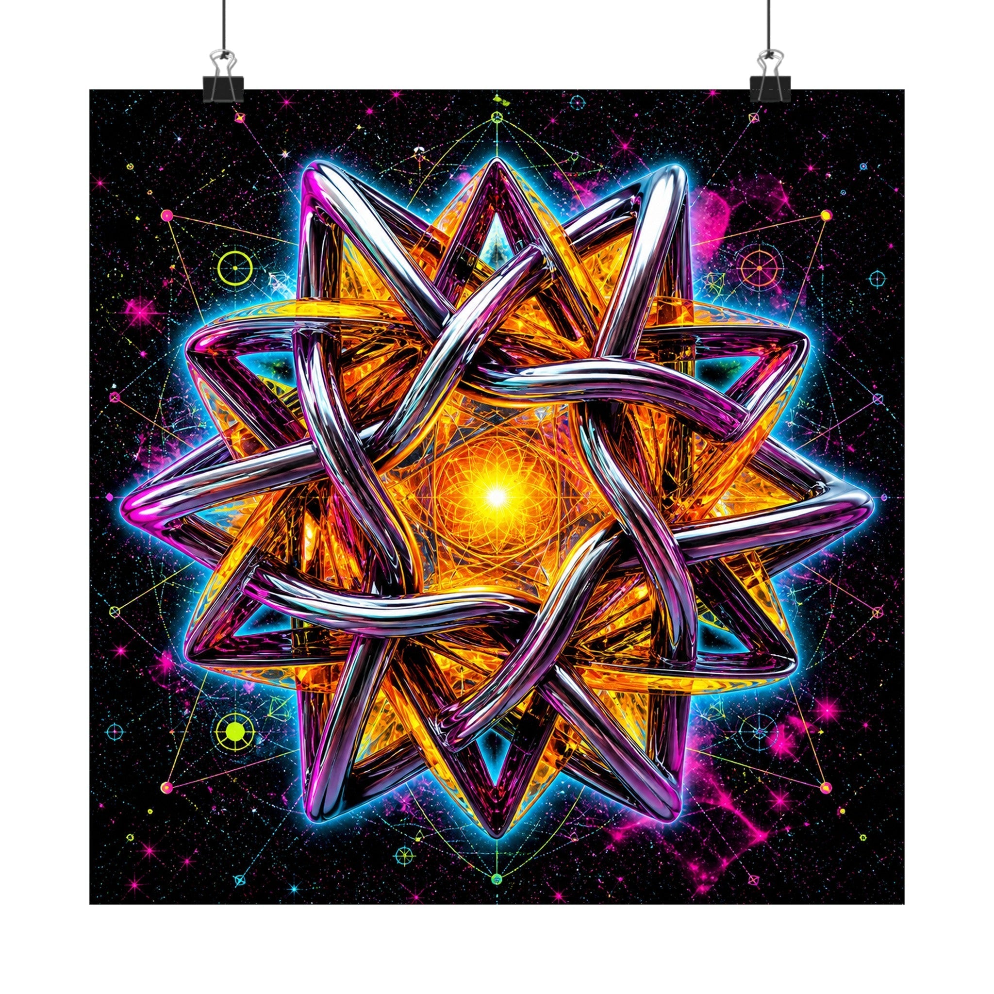 Solaris Knot satin art print displayed with black binder clips