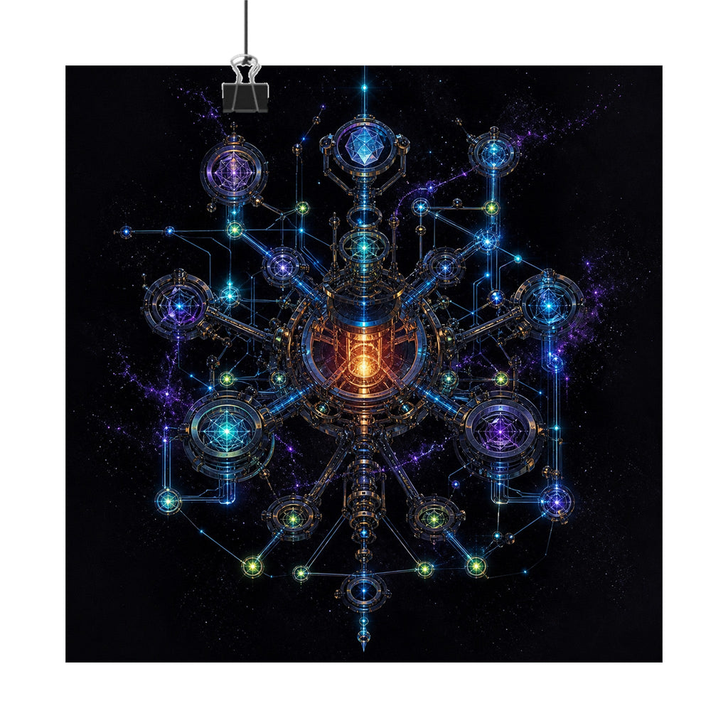 Asterism Engine original TrendTap art print displayed with binder clips