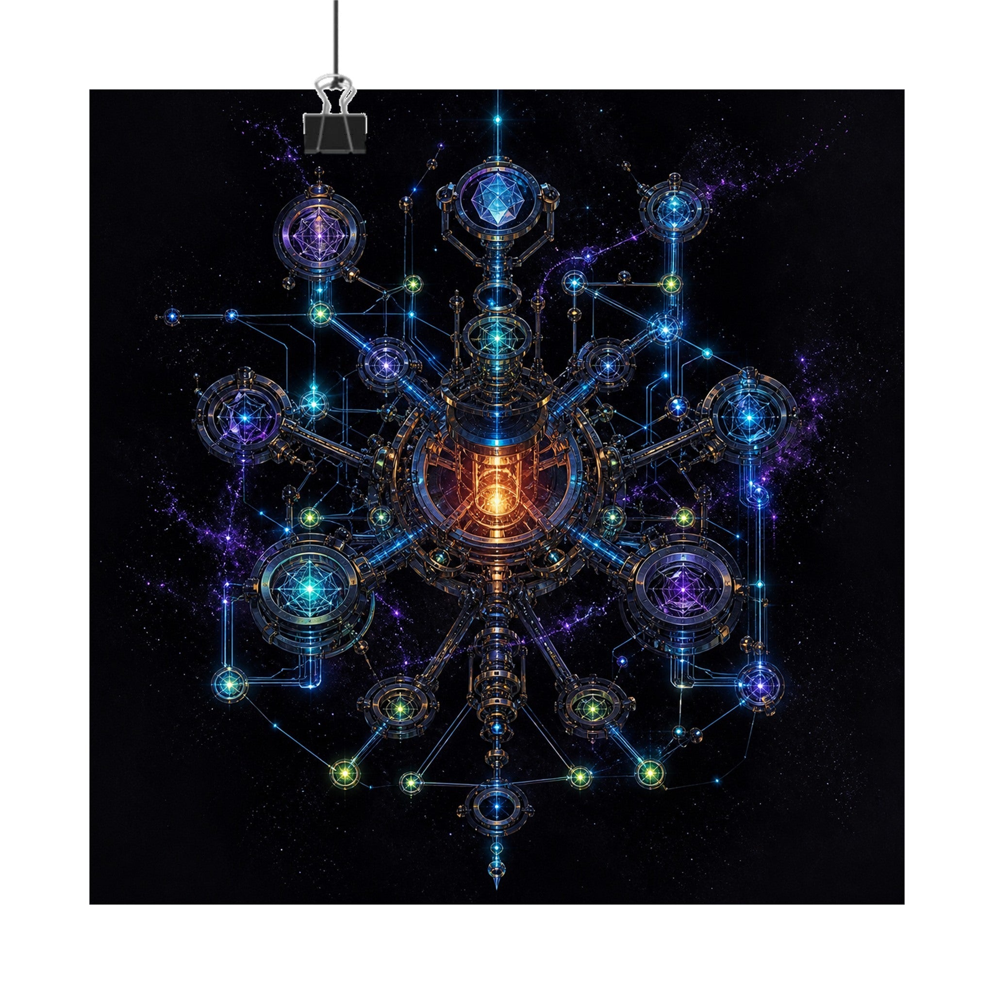 Asterism Engine original TrendTap art print displayed with binder clips