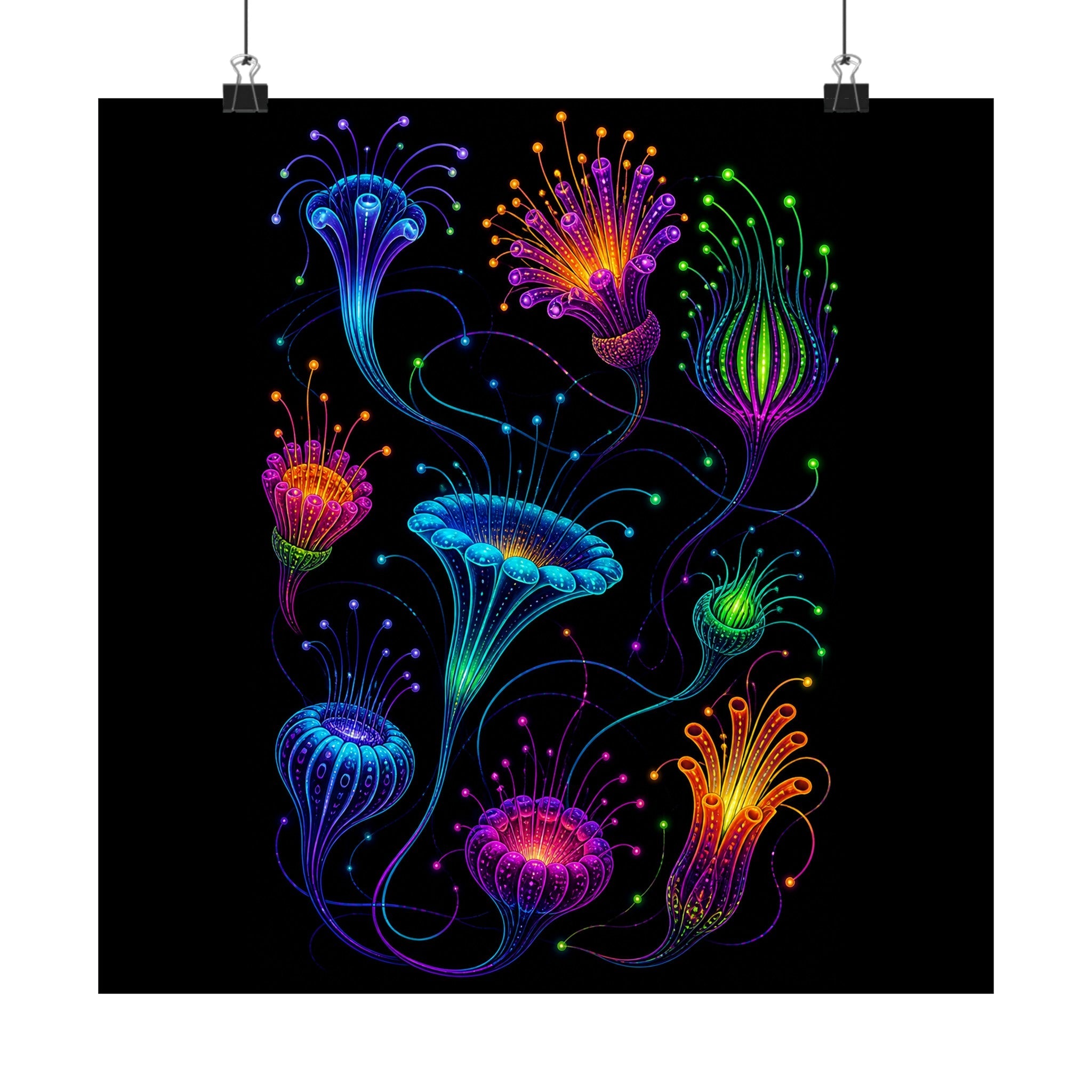 Blacklight Bloom Relay original TrendTap art print displayed with binder clips