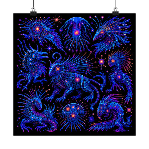 Blue Static Menagerie original TrendTap art print displayed with binder clips