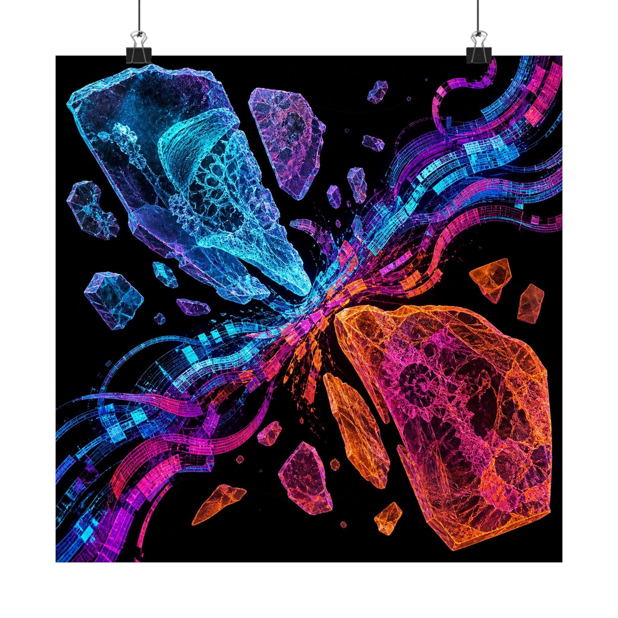 Hologram Fossil Exchange original TrendTap art print displayed with binder clips