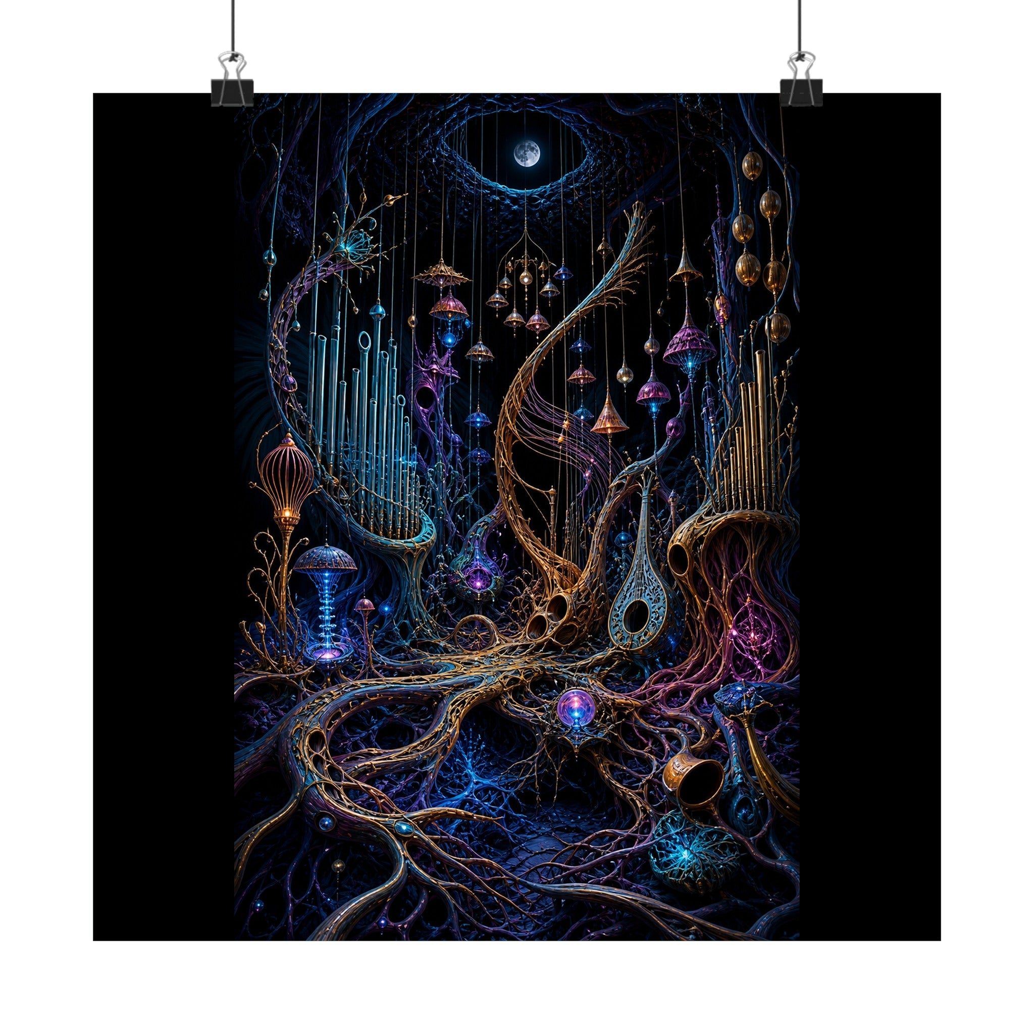 Lunar Root Orchestra original TrendTap art print displayed with binder clips