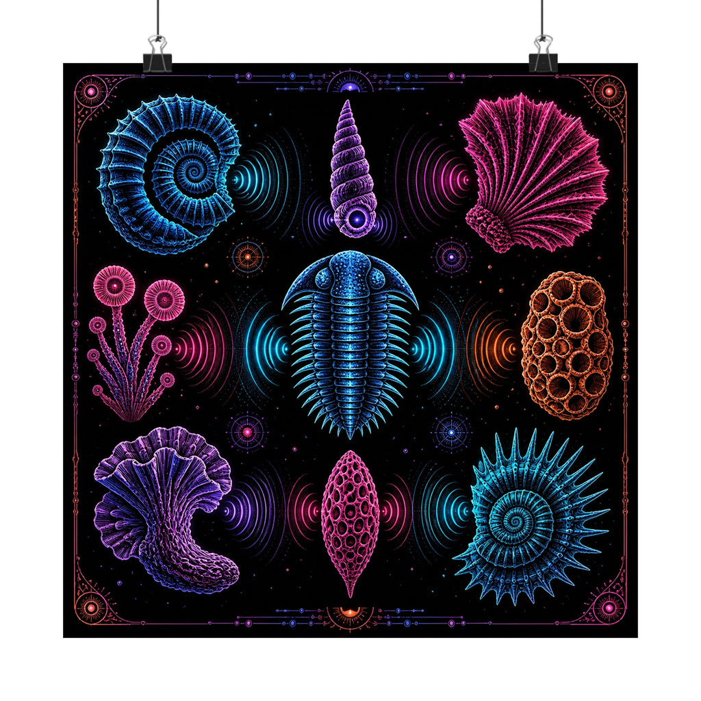 Neon Fossil Choir original TrendTap art print displayed with binder clips
