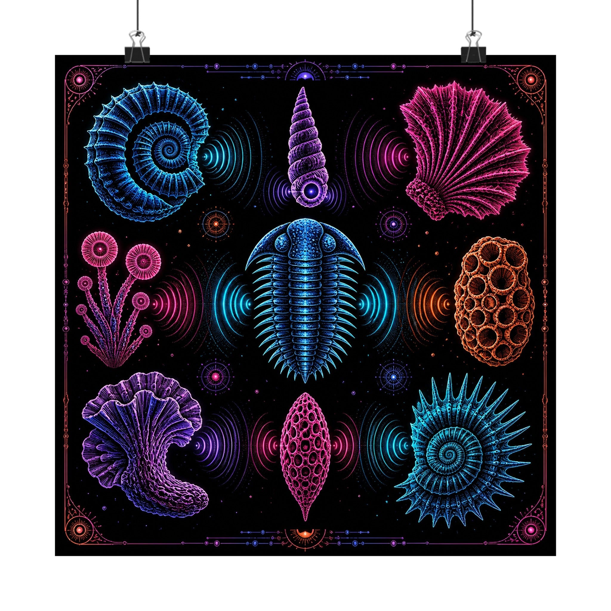 Neon Fossil Choir original TrendTap art print displayed with binder clips