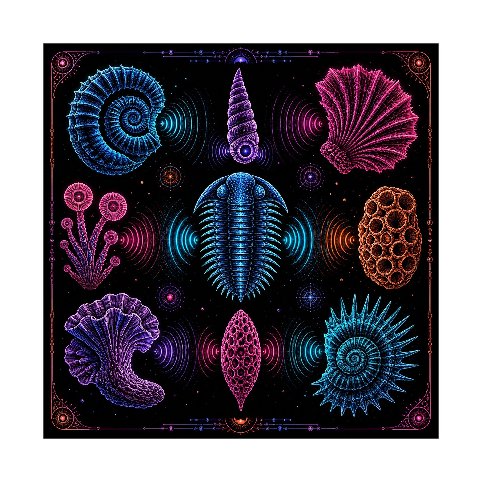 Neon Fossil Choir original TrendTap art print shown on a clean white display