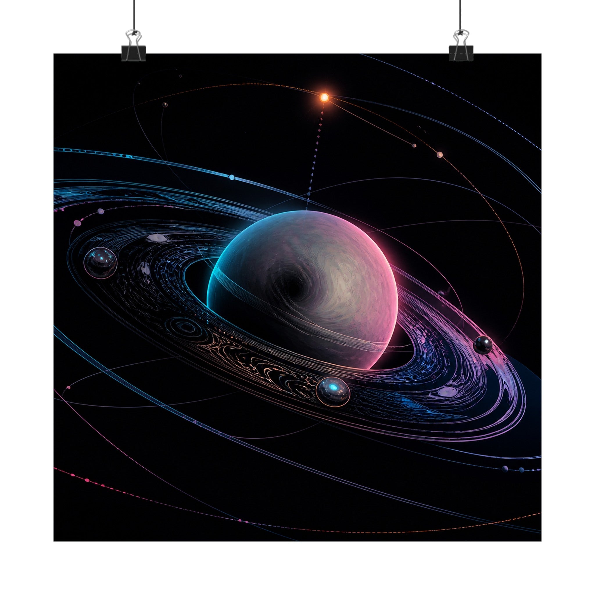 Orbit of the Unsaid original TrendTap art print displayed with binder clips