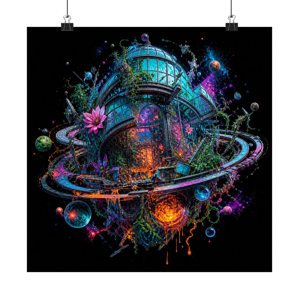 Orbital Hothouse Collapse original TrendTap art print displayed with binder clips