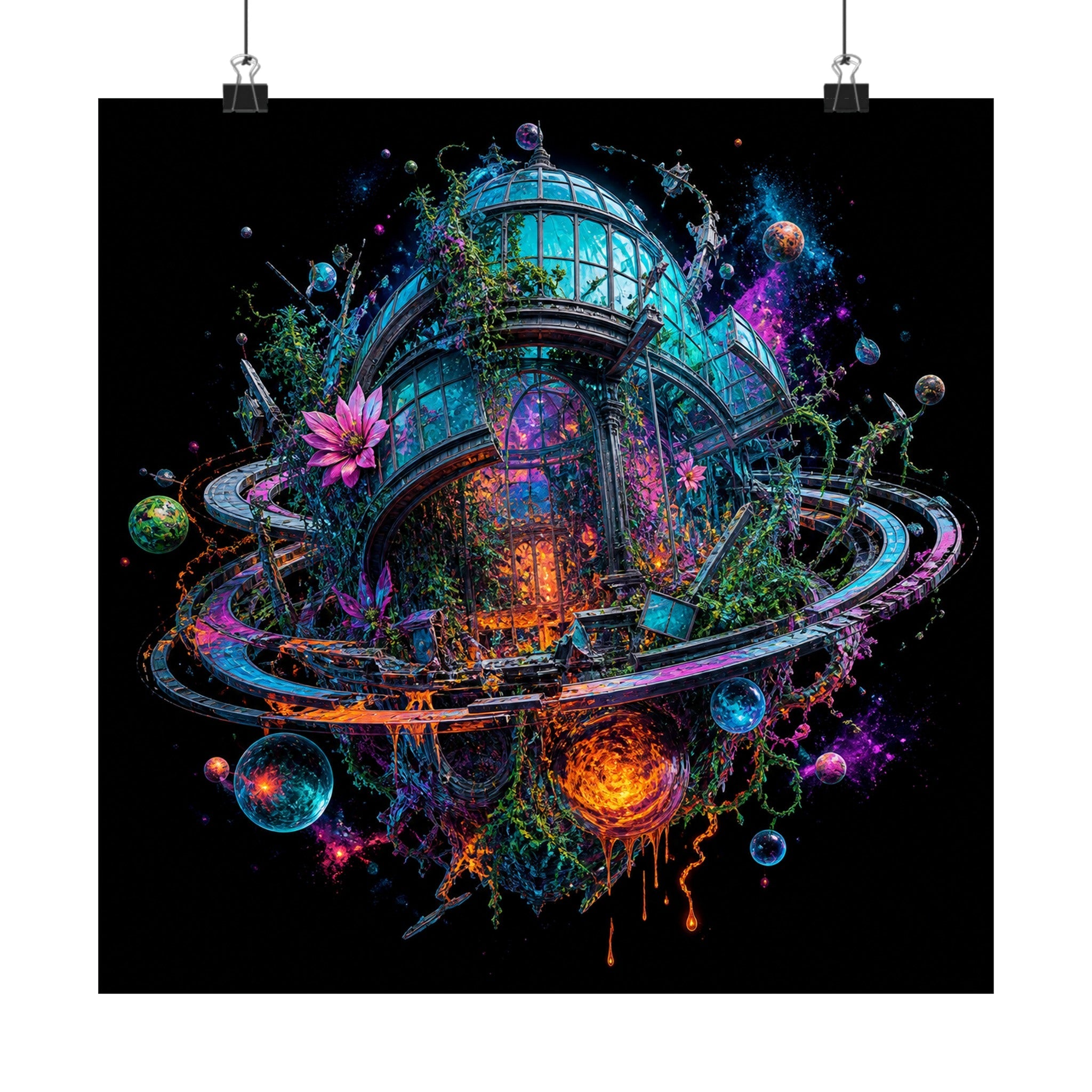 Orbital Hothouse Collapse original TrendTap art print displayed with binder clips