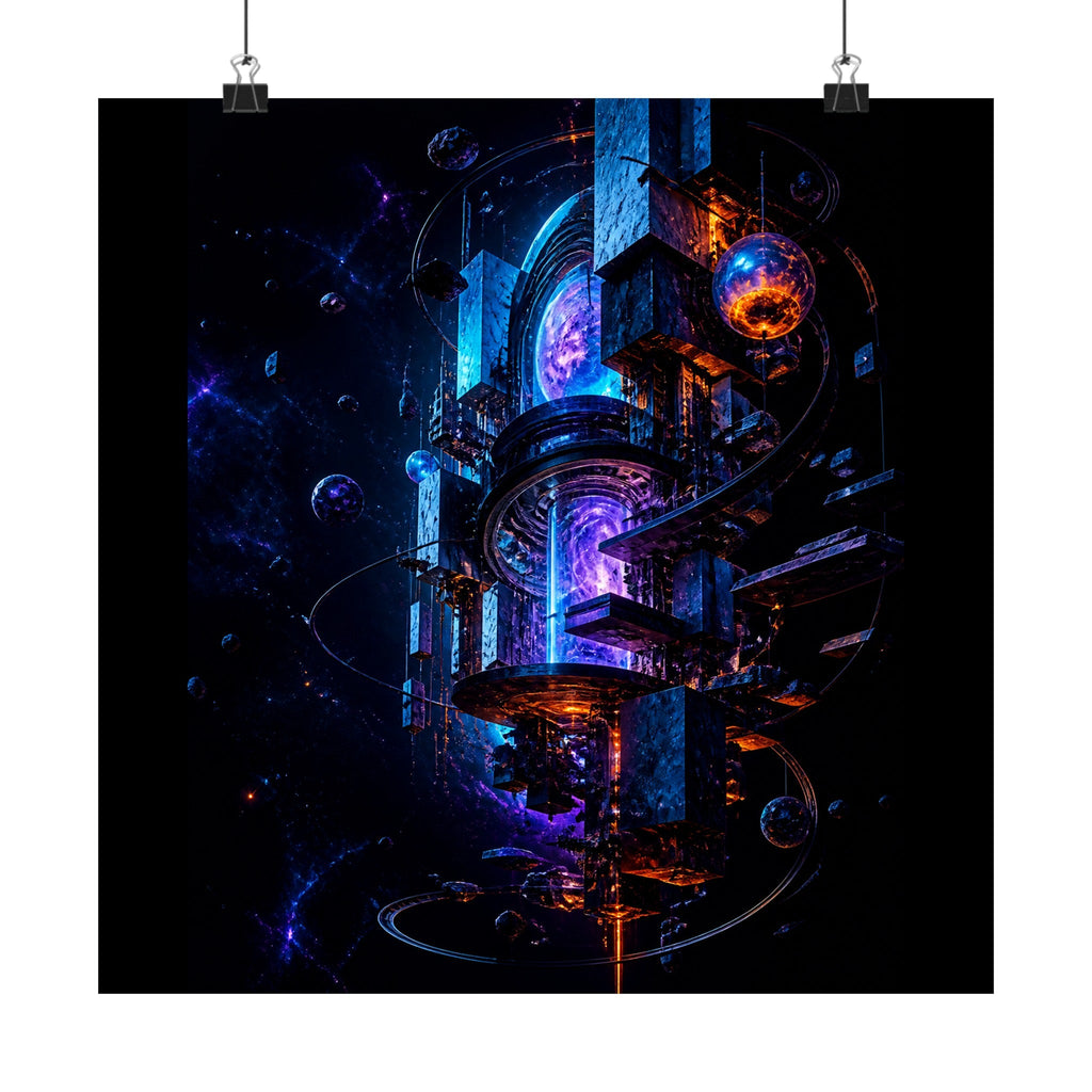 Orbiting Archive Engine original TrendTap art print displayed with binder clips