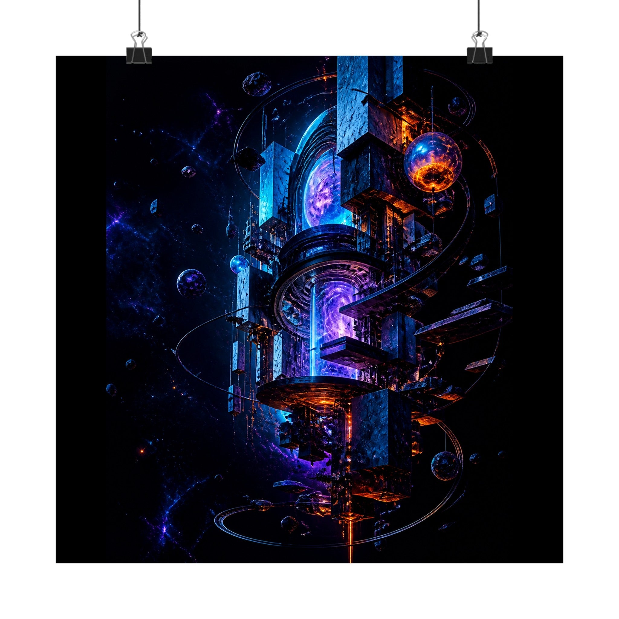 Orbiting Archive Engine original TrendTap art print displayed with binder clips