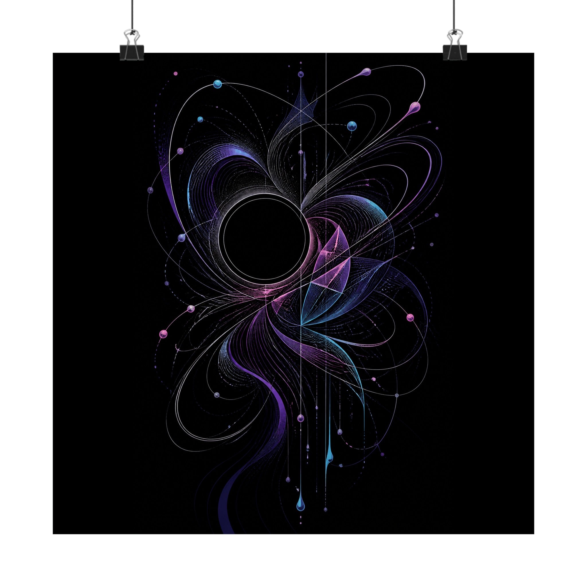Quiet Orbit Bloom original TrendTap art print displayed with binder clips