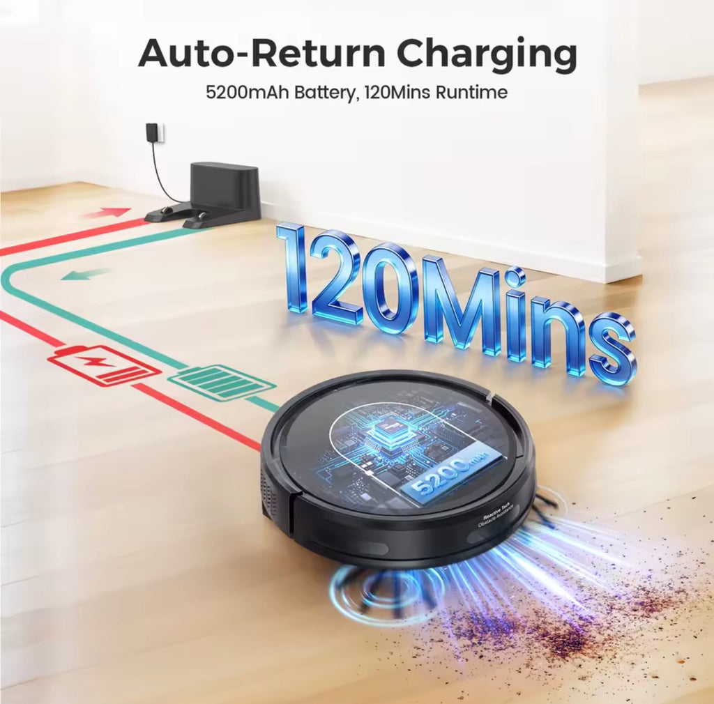 TrendTap SmartClean robot vacuum auto return charging and runtime graphic