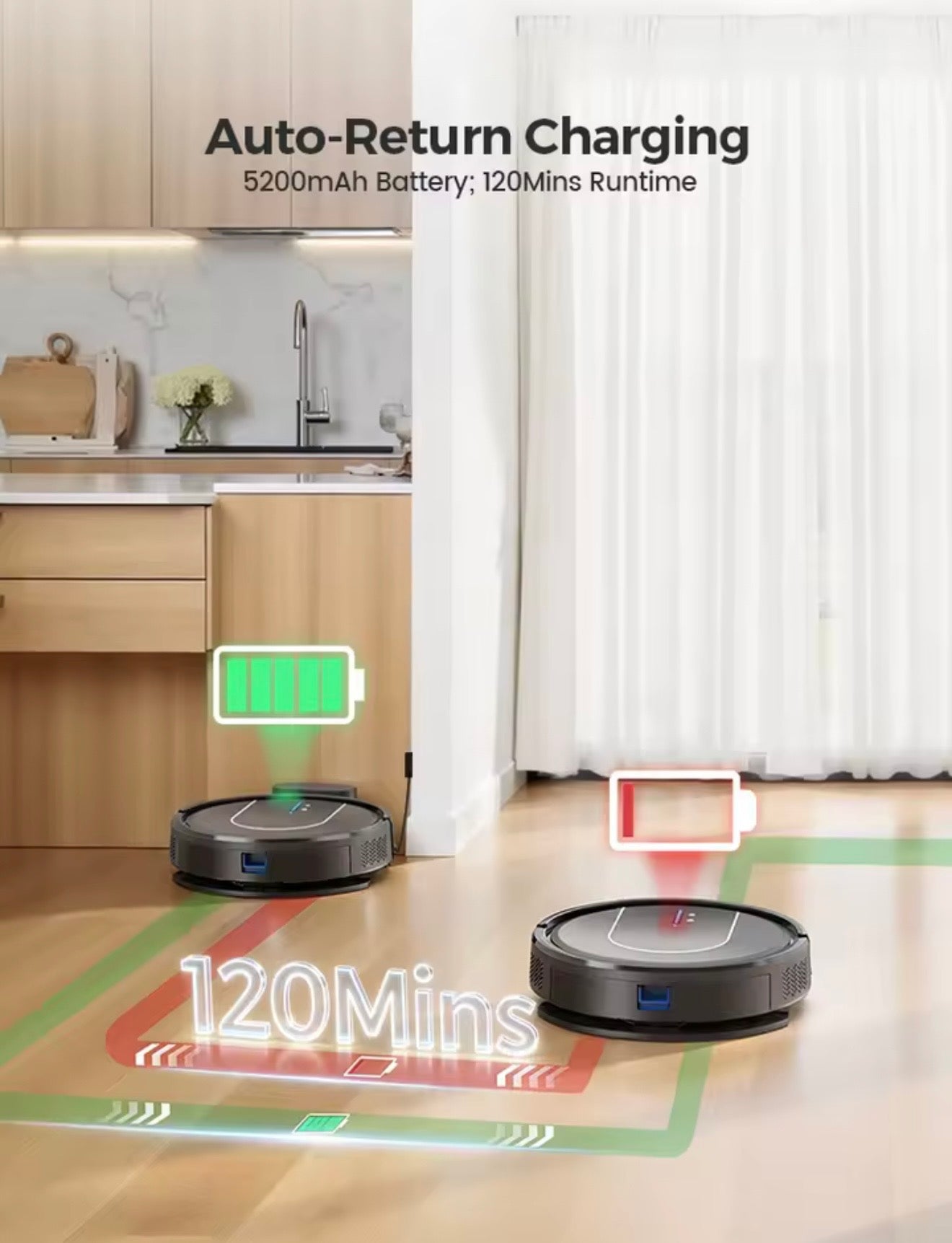 TrendTap SmartClean robot vacuum auto return charging battery graphic