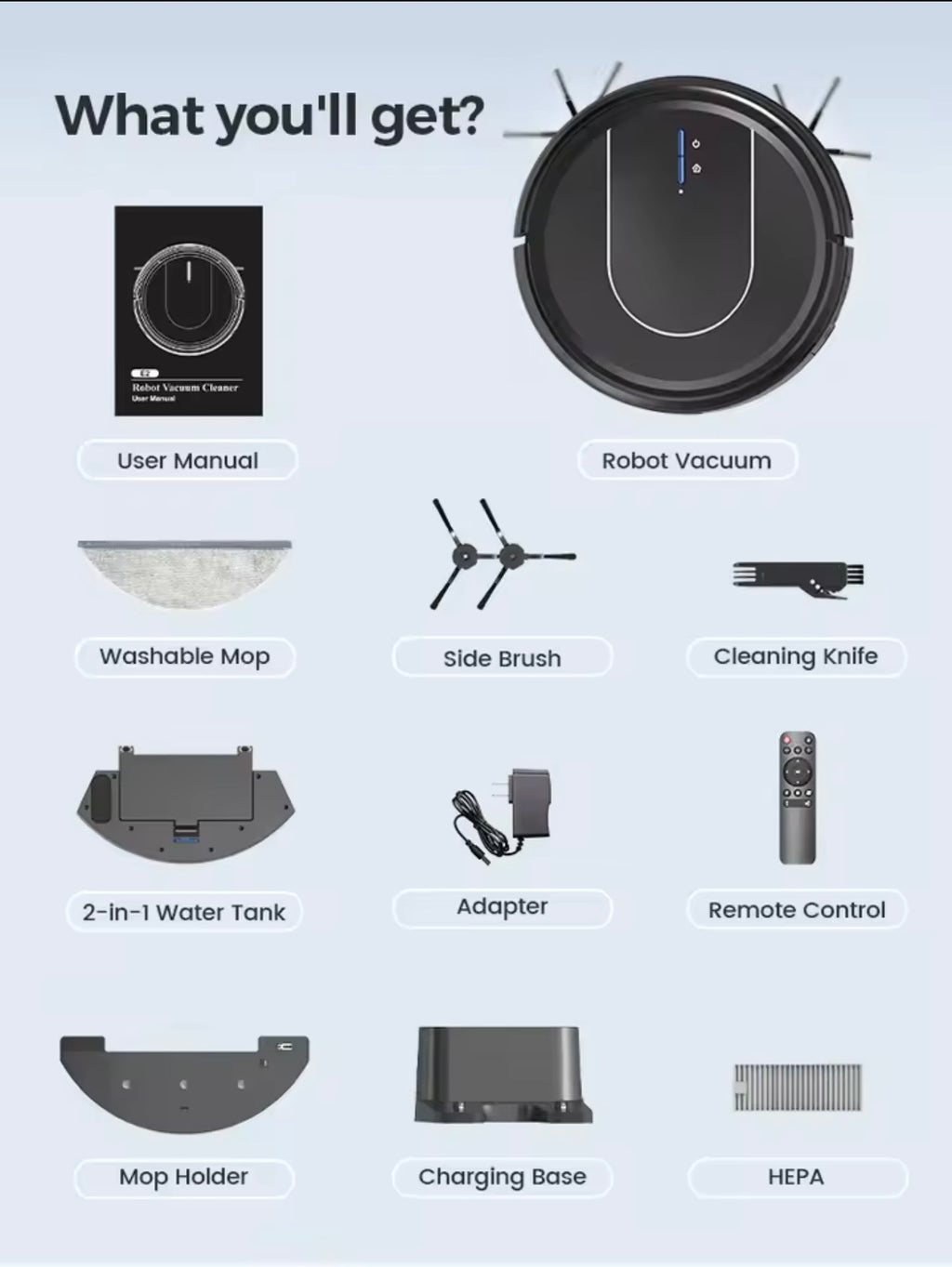 TrendTap SmartClean robot vacuum included accessories graphic