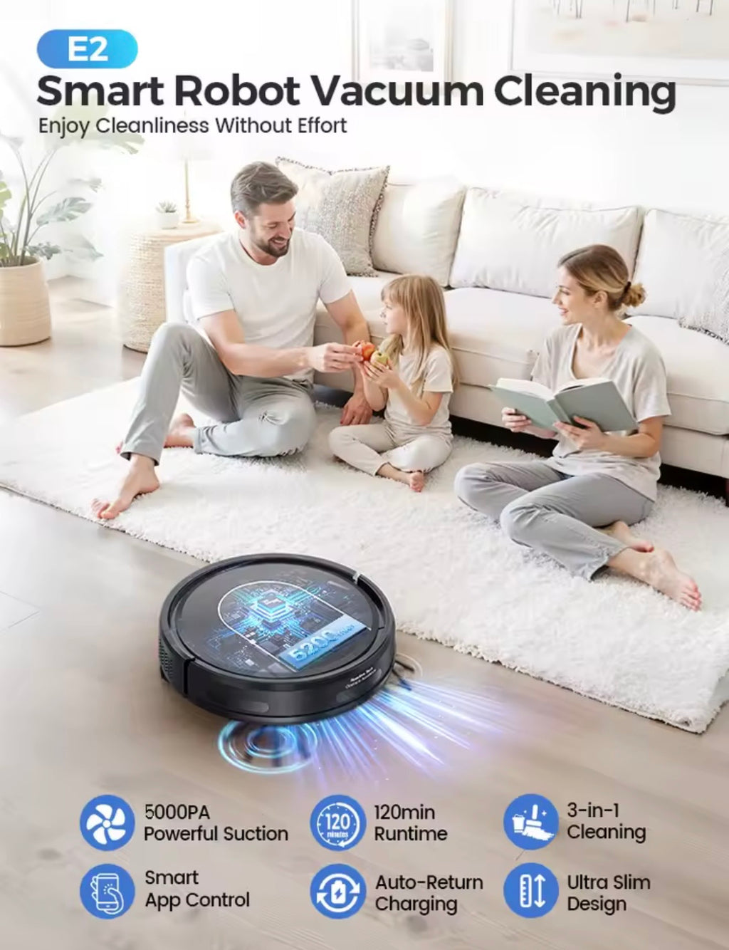 TrendTap SmartClean robot vacuum cleaning in a family living room