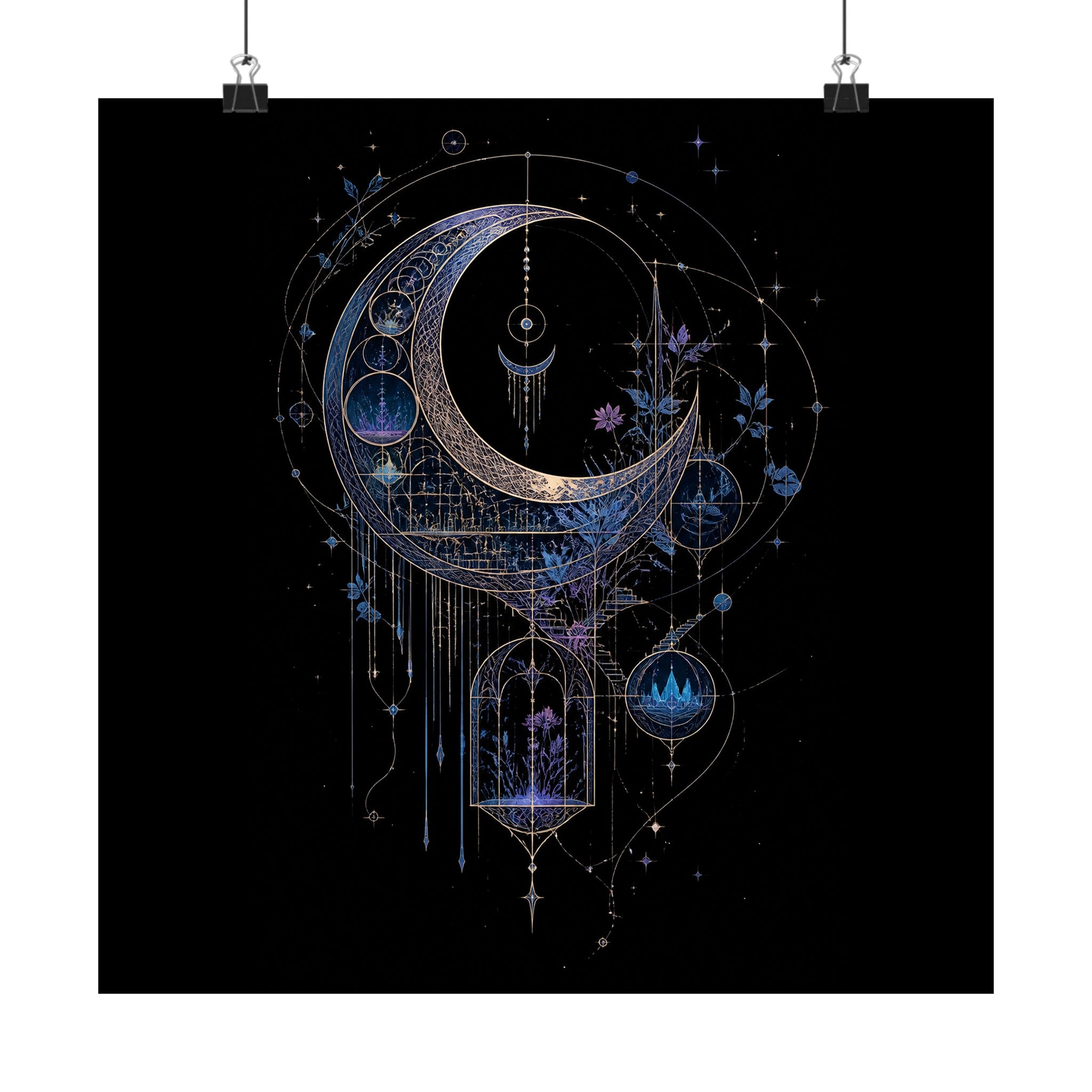 Threaded Moon Archive original TrendTap art print displayed with binder clips