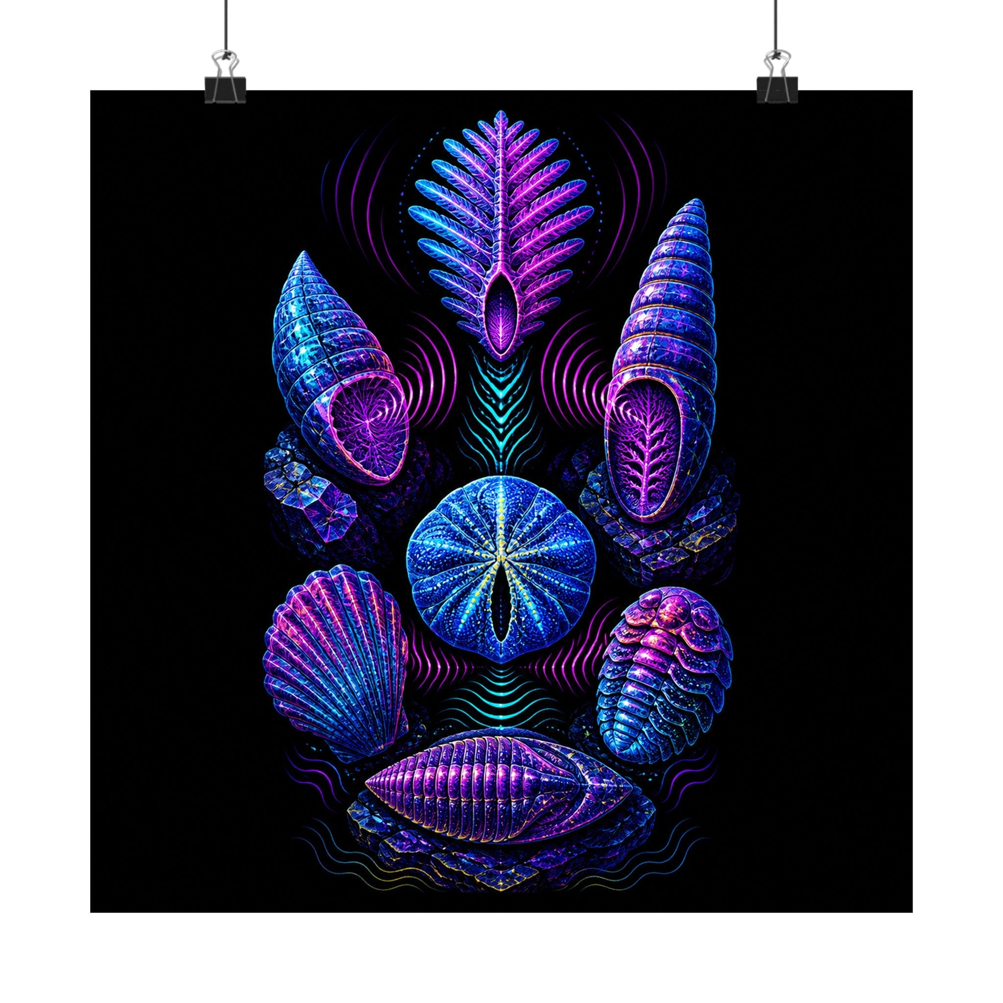 Ultraviolet Fossil Choir original TrendTap art print displayed with binder clips