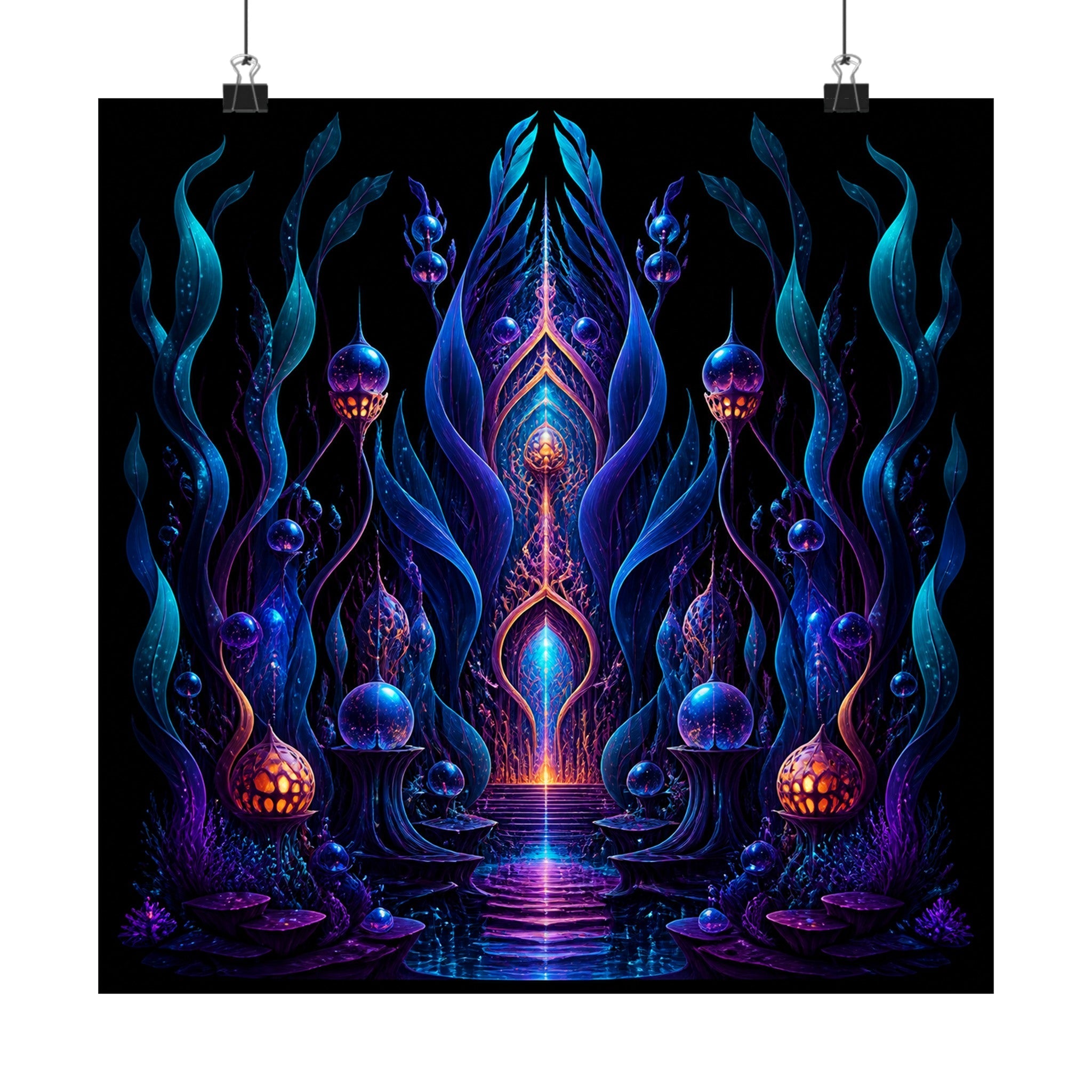 Ultraviolet Kelp Cathedral original TrendTap art print displayed with binder clips