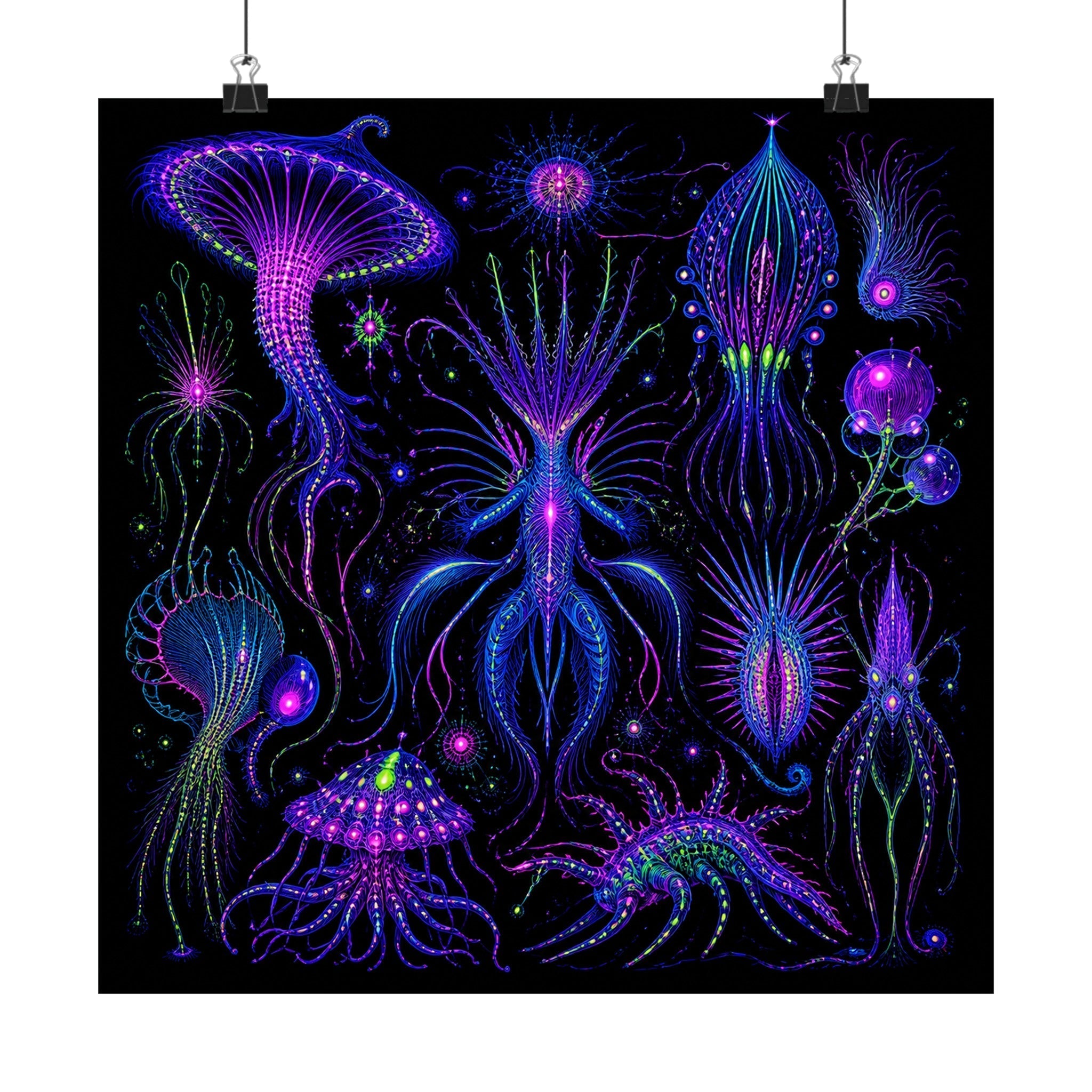 Ultraviolet Menagerie satin art print displayed with black binder clips